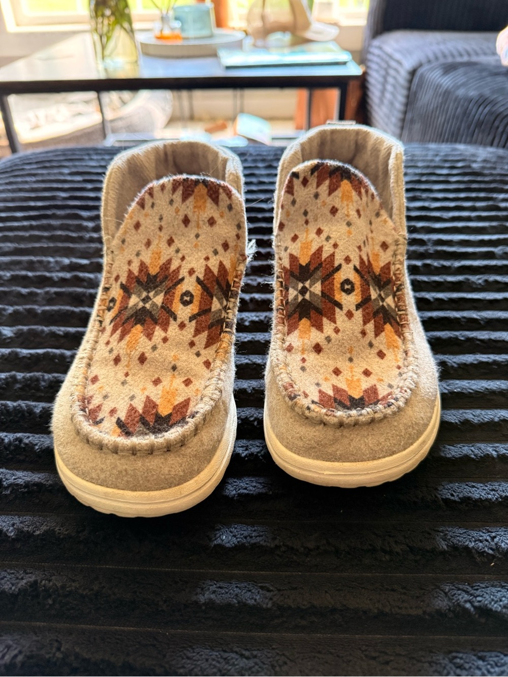 Hey Dude Women's Slip-On Moccasins in Light Gray/Tan with Aztec Pattern